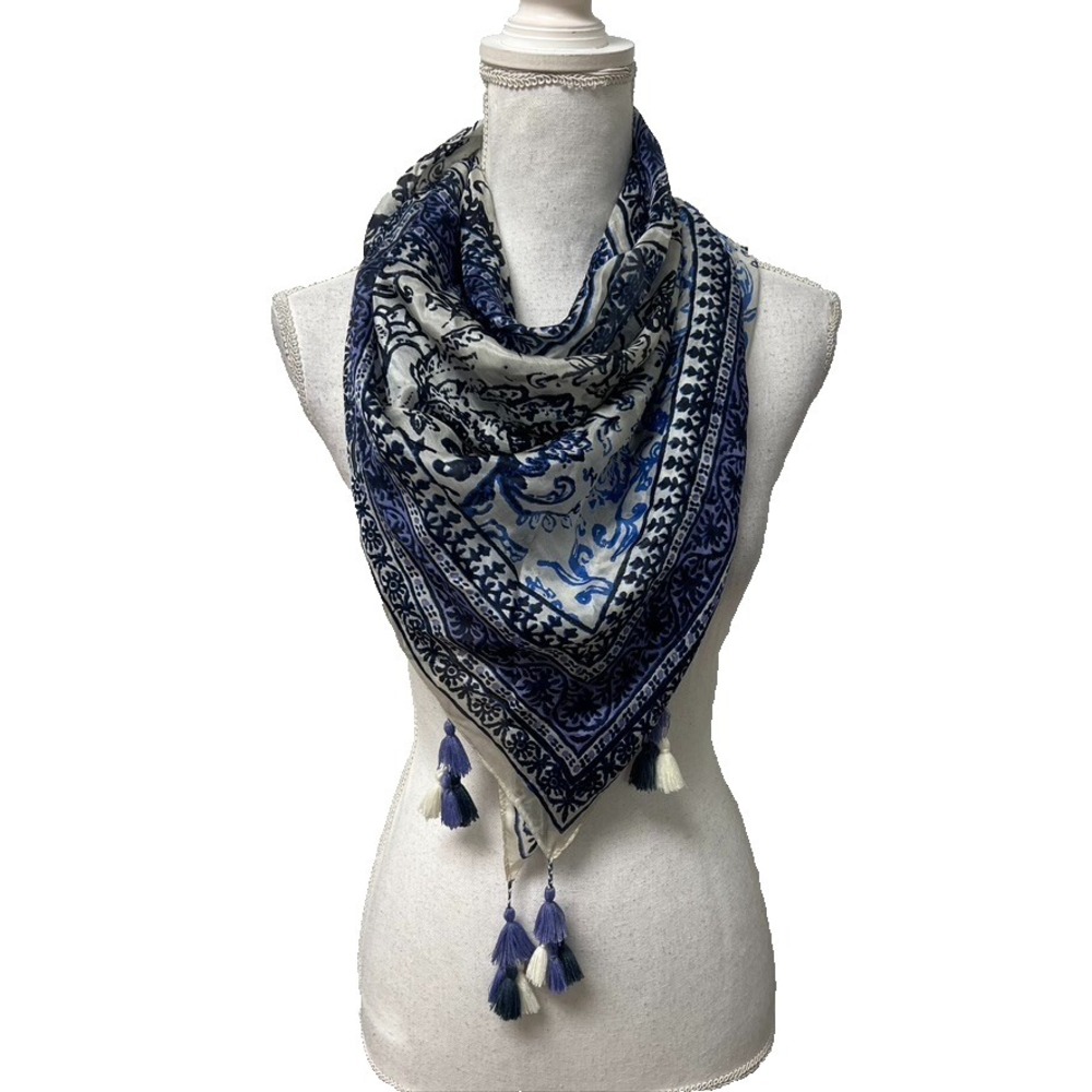 Gerard Darel Square Scarf Wrap Shawl Blue White Tassel Corner Lightweight Boho